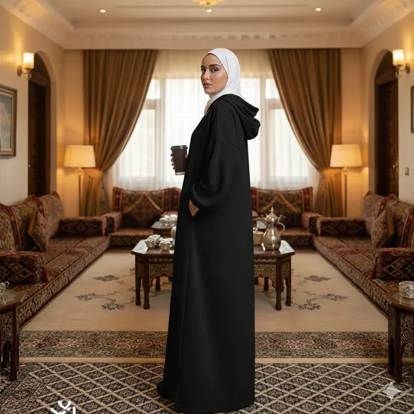 عباية العمرة بغطاء للرأس لون أسود مقاس XL - الصورة 2