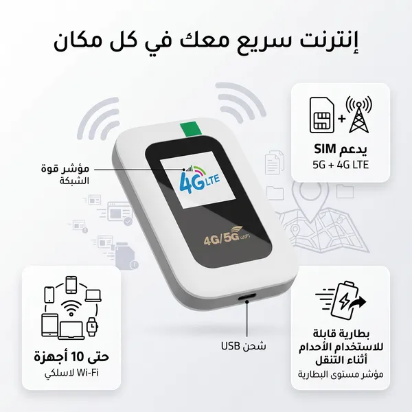 جهاز واي فاي متنقل5G 4G - يدعم 10 أجهزة - إنترنت مستقر ومحمول - الصورة 2