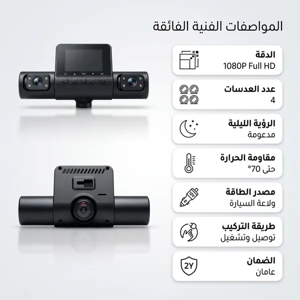 داش كام 4 عدسات للسيارة بدقة 1080P سهلة التركيب تتصل بولاعة السيارة - مقاومة للحرارة حتى 70 درجة مع رؤية ليلية بضمان عامين - الصورة 5