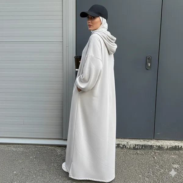 عباية العمرة بغطاء للرأس لون أبيض مقاس XL - الصورة 3