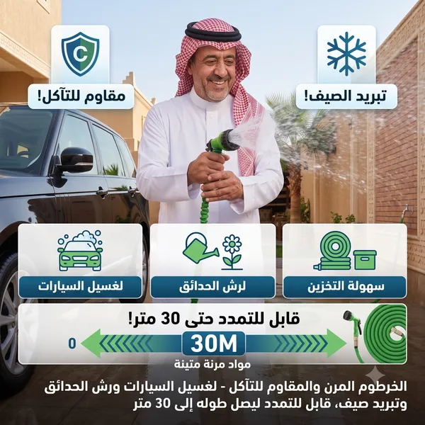 خرطوم ماء مرن ومقاوم للتآكل لغسيل السيارات ورش الحدائق وتبريد حر الصيف، قابل للتمدد ليصل طوله إلى 30 متر - الصورة 3