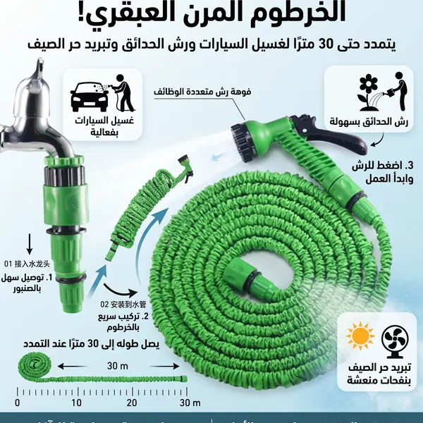 خرطوم ماء مرن ومقاوم للتآكل لغسيل السيارات ورش الحدائق وتبريد حر الصيف، قابل للتمدد ليصل طوله إلى 30 متر - الصورة 2